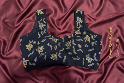 Navy Blue Ready-to-Wear Saree – Georgette with Moon Motif Hand Embroidery & Designer Blouse Maha Collection