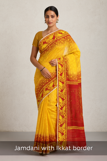 Bengal Handloom Jamdani Ikkat Red and Yellow