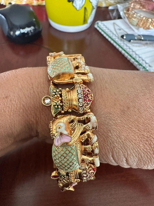 Elephant Kalash Temple Bangle Set of 2 | Mint Enamel Ruby Gold Polish | Indian Bridal Openable Kada Nikhar Jewelry