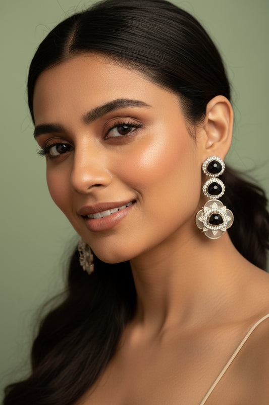 Black Kundan Long Drop Earrings | Oxidized Silver Ethnic Jewelry Deepika's Adornments