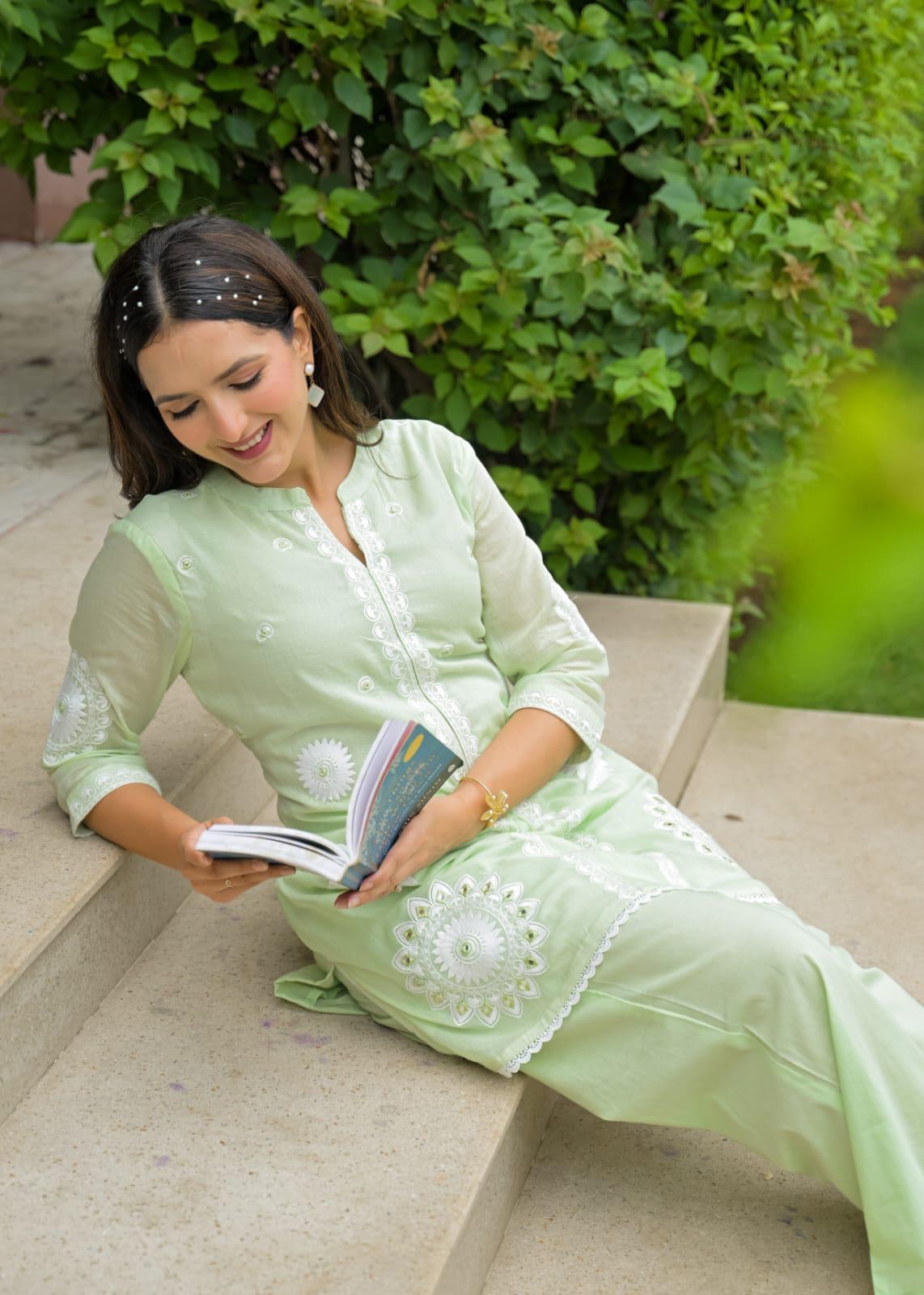 Green  Mul Cotton Coord Set - Embroidered Kurti and Straight Pants (Copy) Raghvi Enterprise