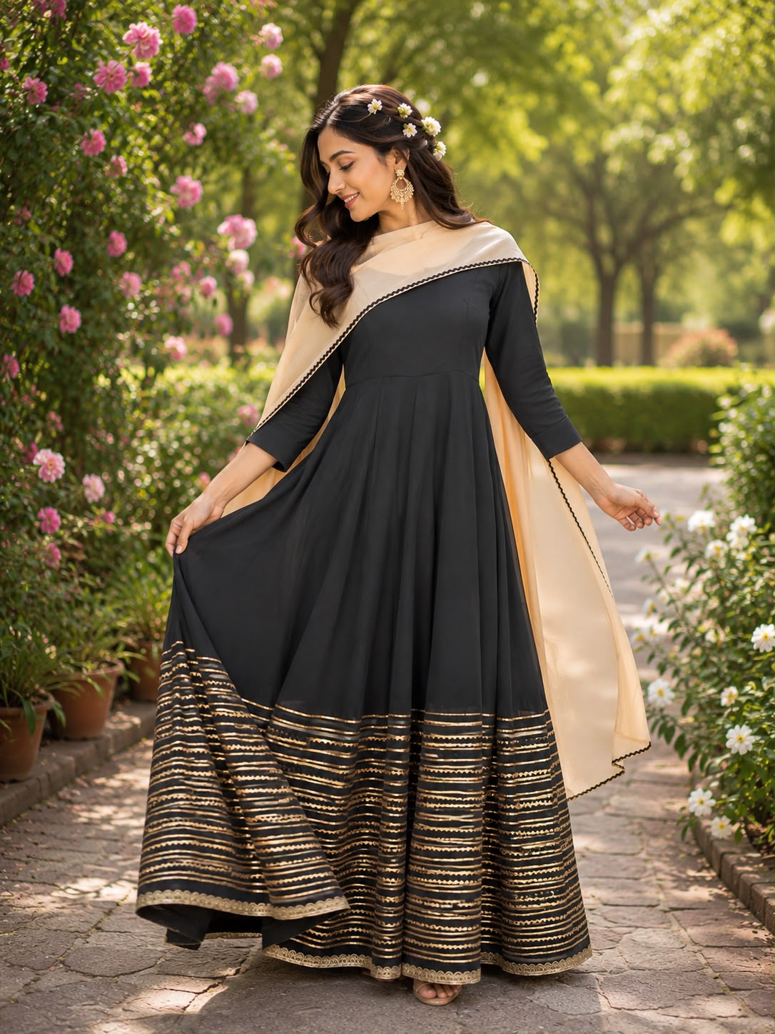 Luxury Black Georgette Anarkali Set – Gota Work & Golden Dupatta Maha Collection