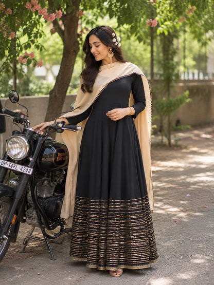 Luxury Black Georgette Anarkali Set – Gota Work & Golden Dupatta Maha Collection