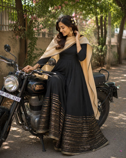 Luxury Black Georgette Anarkali Set – Gota Work & Golden Dupatta Maha Collection