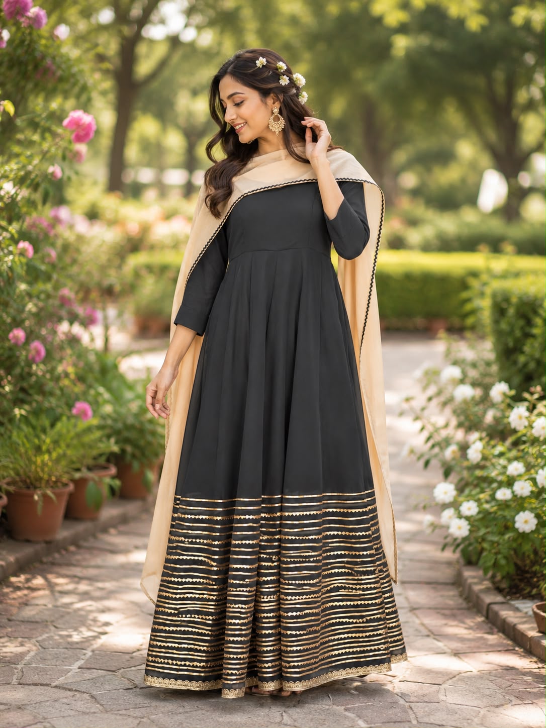 Luxury Black Georgette Anarkali Set – Gota Work & Golden Dupatta Maha Collection