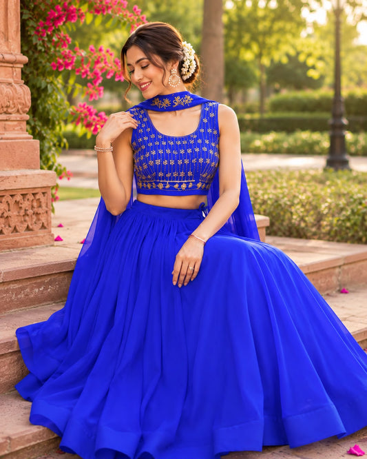 Luxury Royal Blue Lehenga Set – Georgette with Hand Embroidered Blouse & Choker Dupatta Maha Collection