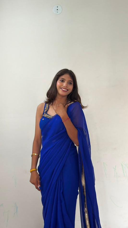 Royal Blue Ready-to-Wear Saree – Georgette with Zari Lace Border & Antique Hand Embroidered Blouse Maha Collection