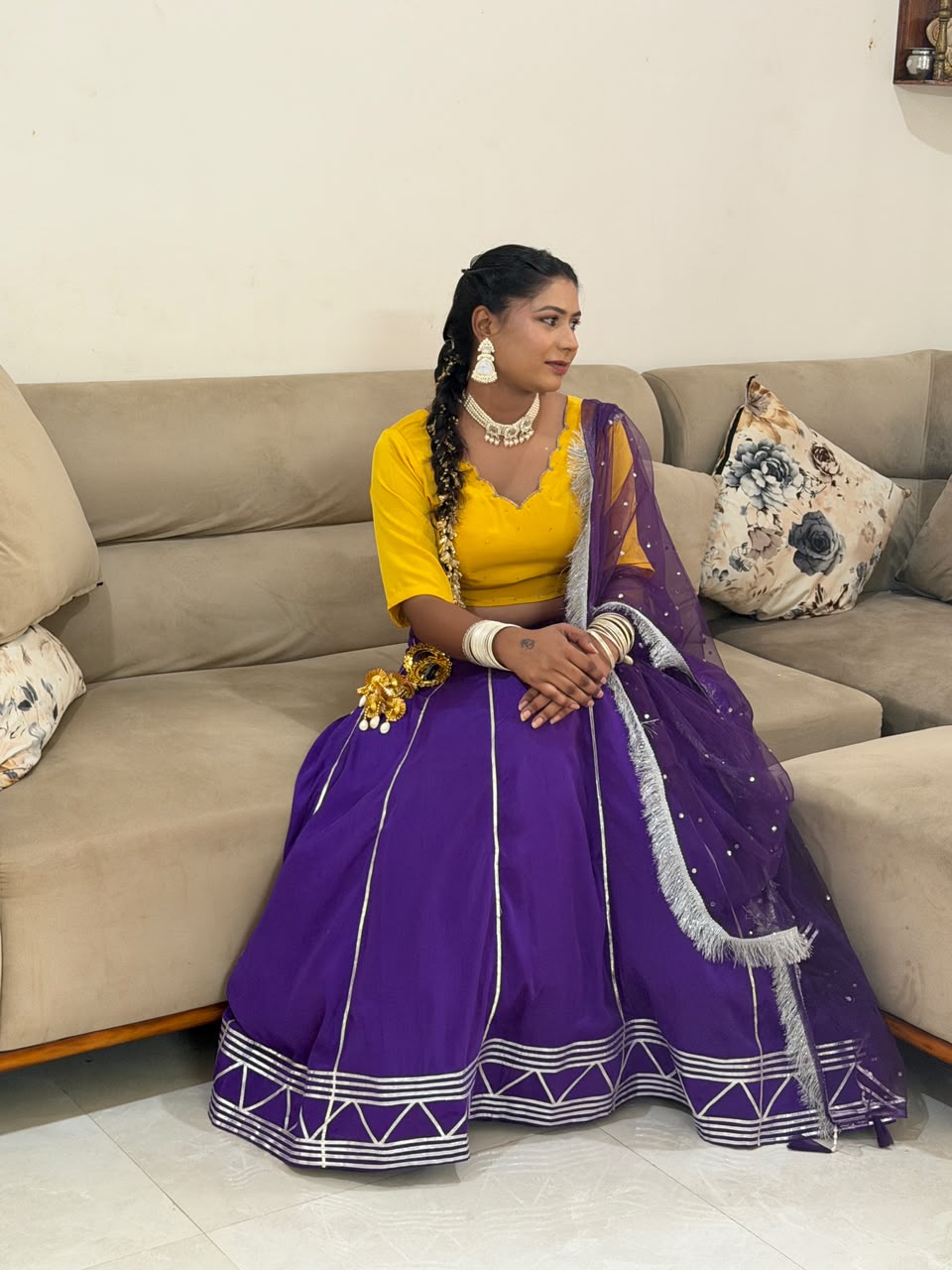 Luxury Purple Lehenga Set – Crepe with Silver Gota Patti, Lace Work & Yellow Blouse Maha Collection