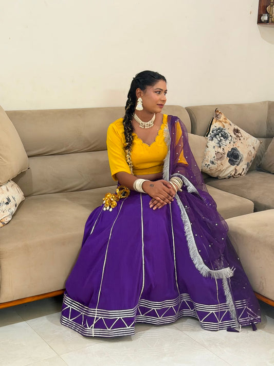 Luxury Purple Lehenga Set – Crepe with Silver Gota Patti, Lace Work & Yellow Blouse Maha Collection