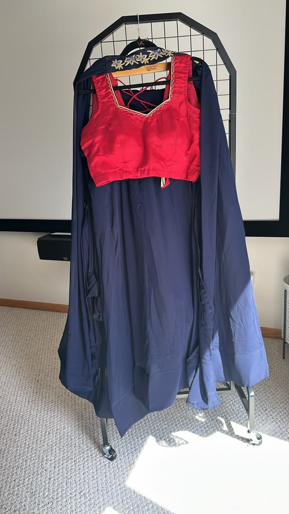Navy Blue Lehenga with Red Embroidered Blouse & Choker Dupatta – Zardozi Floral Border Maha Collection