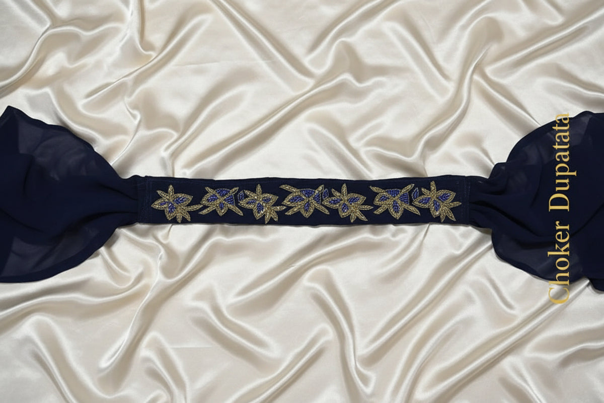 Navy Blue Lehenga with Red Embroidered Blouse & Choker Dupatta – Zardozi Floral Border Maha Collection