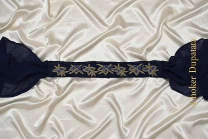 Navy Blue Lehenga with Red Embroidered Blouse & Choker Dupatta – Zardozi Floral Border Maha Collection