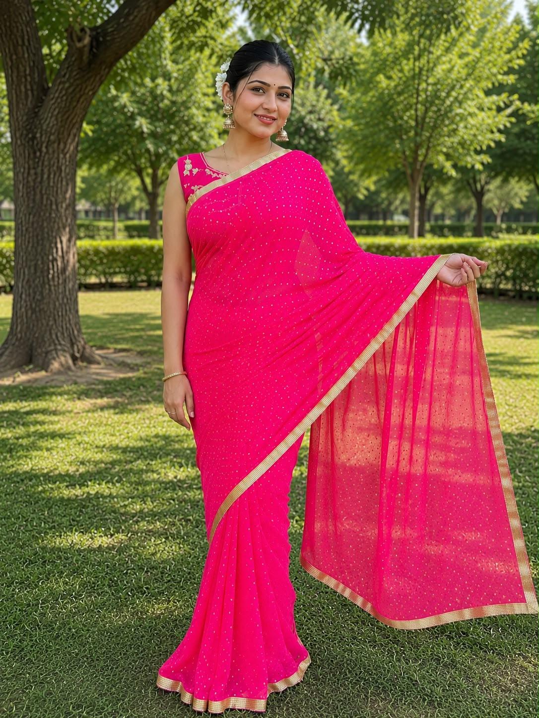 Luxury Pink Ready-to-Wear Saree – Georgette with Lace Detailing & Hand Embroidered Blouse Maha Collection