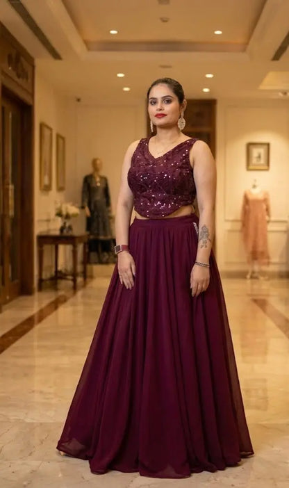Indo-Western Georgette Skirt Set - Custom-Stitched with Heavy Sequin Blouse Maha Collection