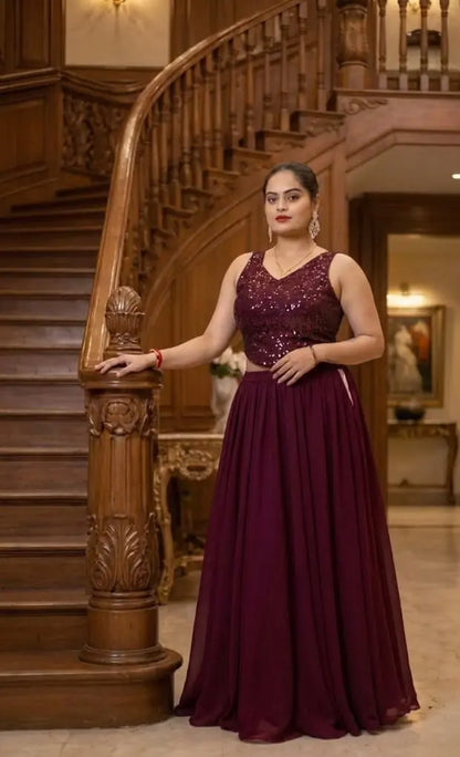 Indo-Western Georgette Skirt Set - Custom-Stitched with Heavy Sequin Blouse Maha Collection