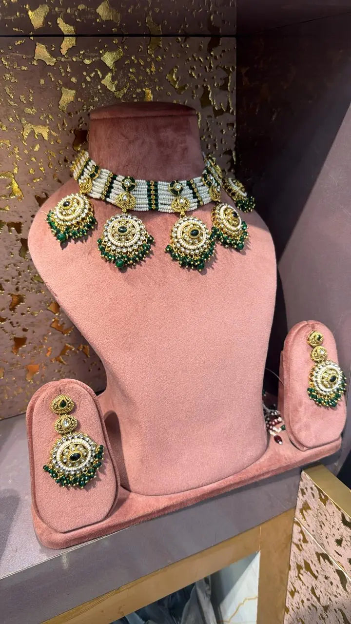 Bridal Choker Set - Emerald & Pearl with Maang Tikka and Five Ornate Pendants for Indian Weddings