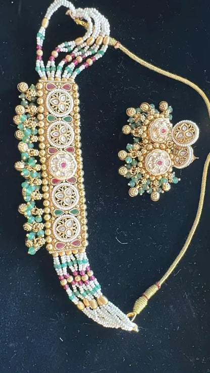 Kundan Choker Set - Multi-Color with Ruby Emerald and White Pearls for Indian Bridal Weddings