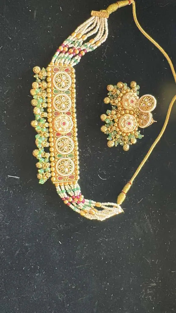 Close up Kundan Choker Set - Multi-Color with Ruby Emerald and White Pearls for Indian Bridal Weddings