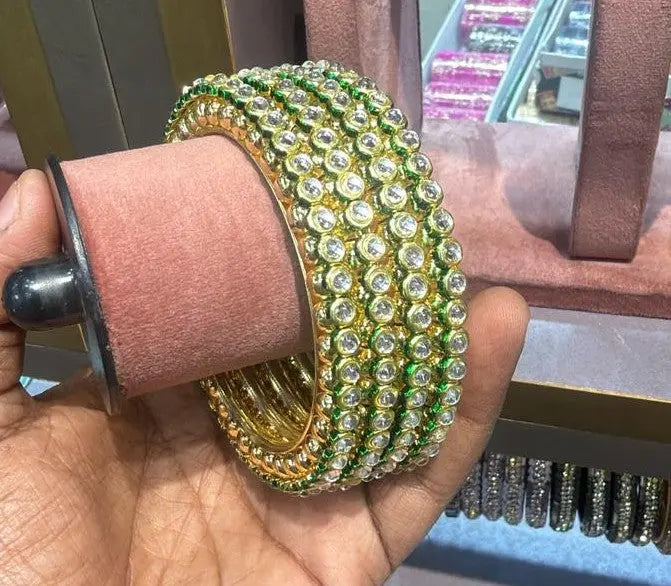 Kundan Green Stone Bangle Set - Gold Tone Bridal Kara | Heritage Jewelry
