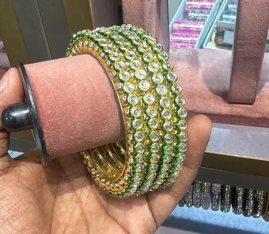 Kundan Green Stone Bangle Set - Gold Tone Bridal Kara | Heritage Jewelry