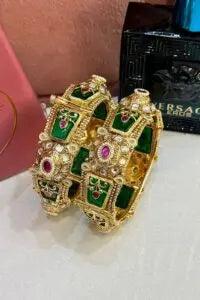 Emerald Green Kundan Bangles Set of 2 | Gold Polish Openable Kada | Indian Bridal Jewelry Nikhar Jewelry