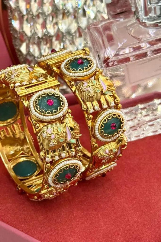 Mint Green Kundan Bangles Set of 2 | Gold Polish Openable Kada | Indian Temple Jewelry Nikhar Jewelry