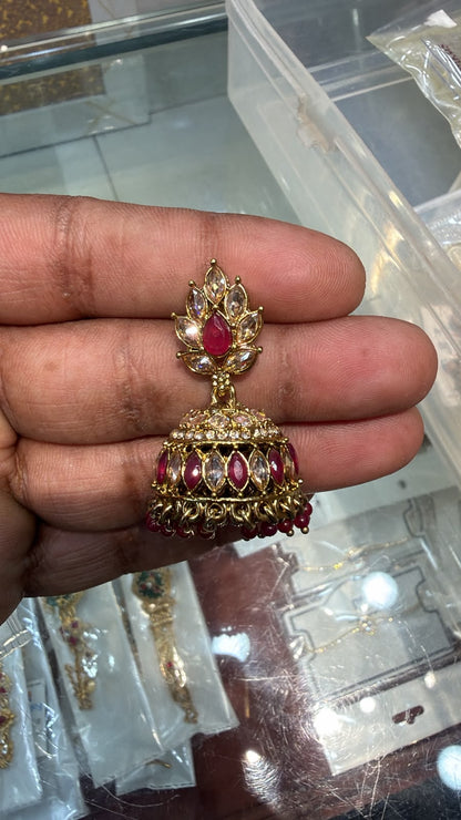 Gold & Green Jhumka Earrings – Filigree Stud with Mirror-Look Dome & Emerald Green Bead Drops | Fashion Jewellery (Copy) Nikhar Jewelry