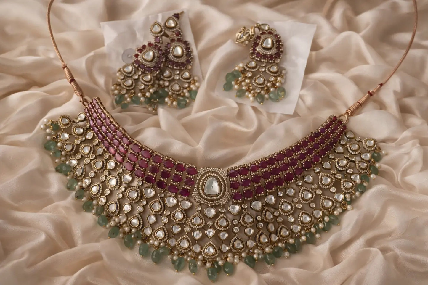 Noorjahan Royal Ruby Mint Moissanite Statement Necklace Set with Maang Teeka Nikhar Jewelry