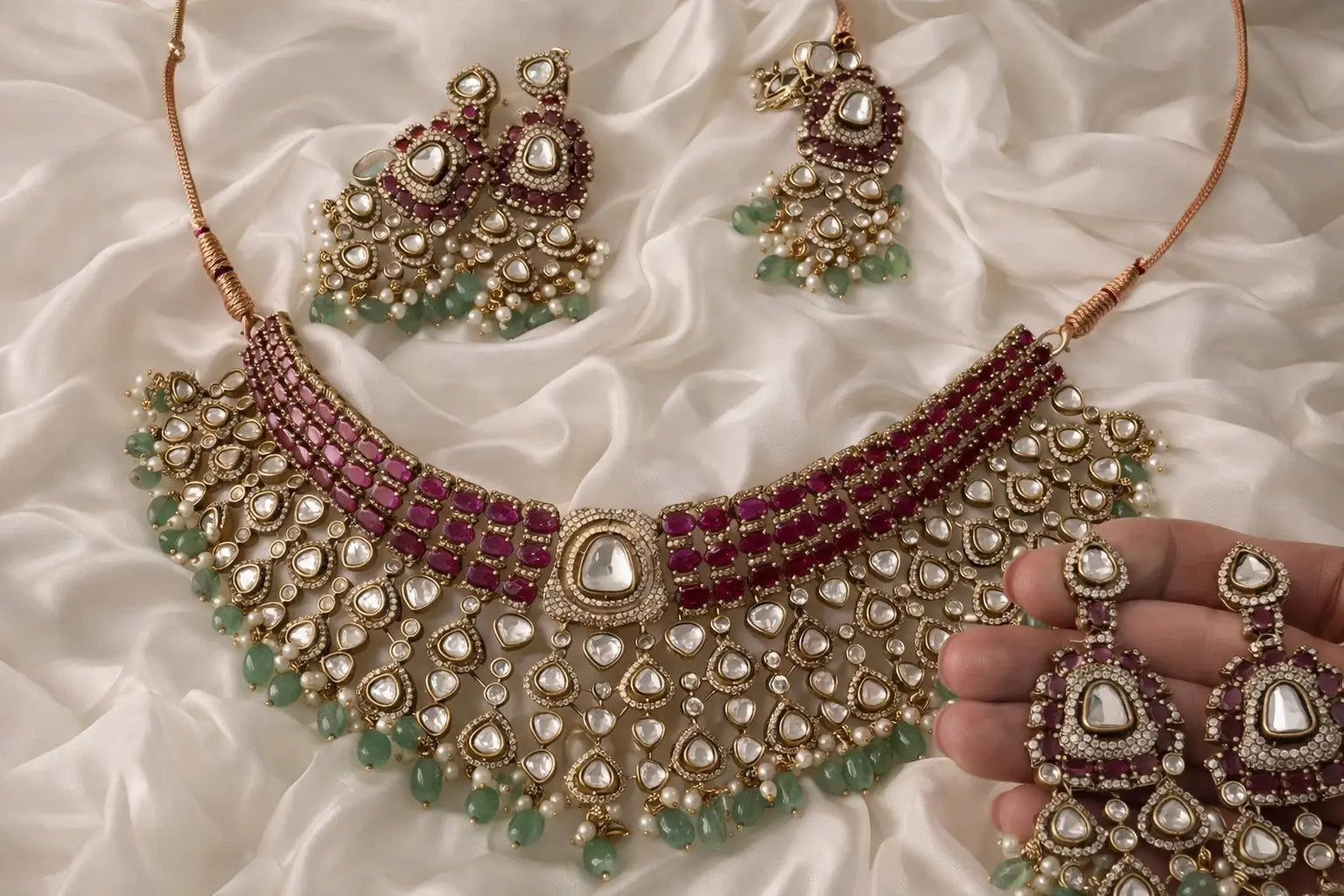 Noorjahan Royal Ruby Mint Moissanite Statement Necklace Set with Maang Teeka Nikhar Jewelry