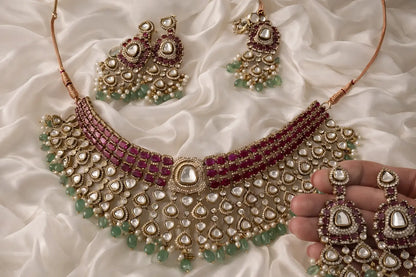 Noorjahan Royal Ruby Mint Moissanite Statement Necklace Set with Maang Teeka Nikhar Jewelry