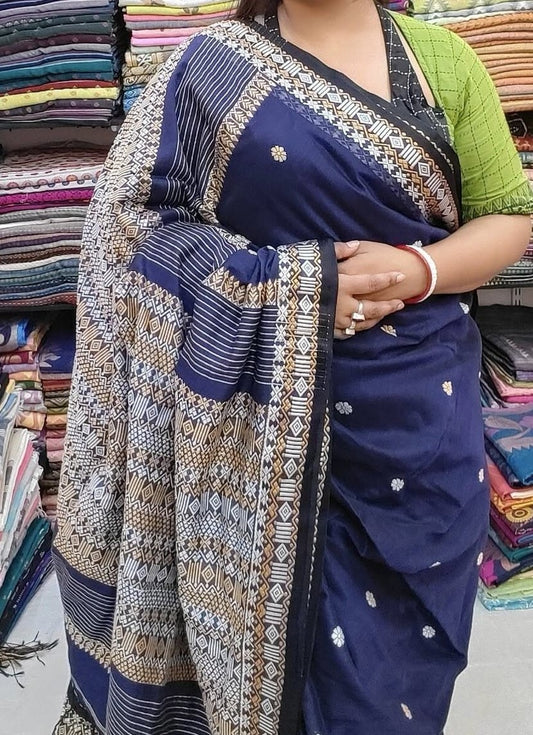 Pure Mercerised Cotton with blouse piece Hand weaving-Blue