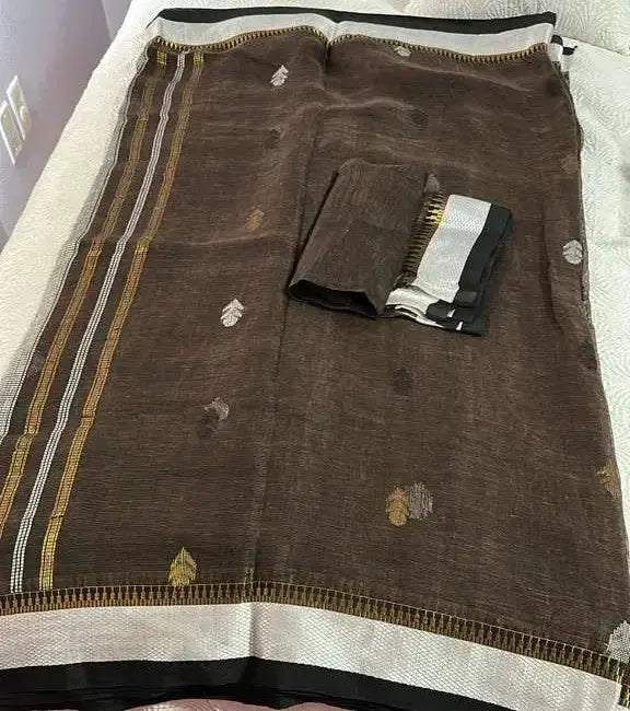 Linen Banarsi hand weave Brown - Deepika's Adornments