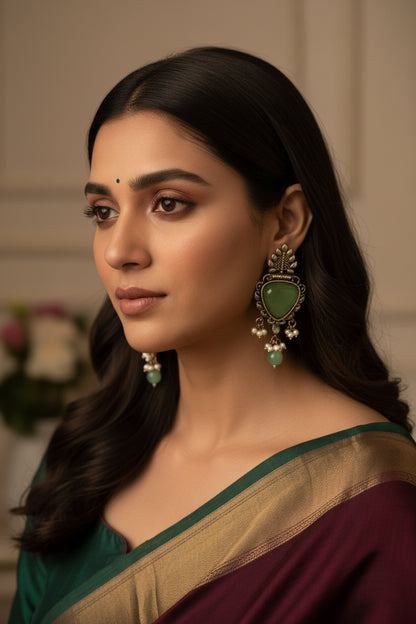Pista Green Stone Oxidized Earrings | Indian Ethnic Jewelry Deepika's Adornments