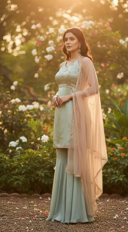 Silk Palazzo Suit - Custom-Stitched with Heavy Sequin Top Maha Collection