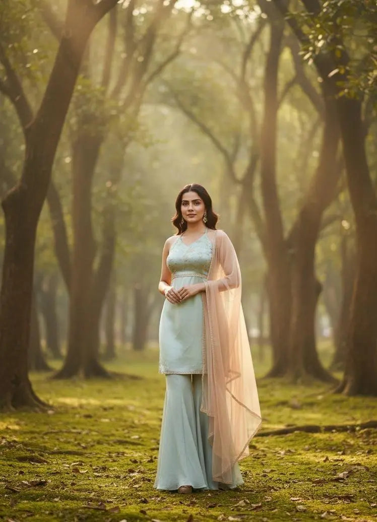 Silk Palazzo Suit - Custom-Stitched with Heavy Sequin Top Maha Collection