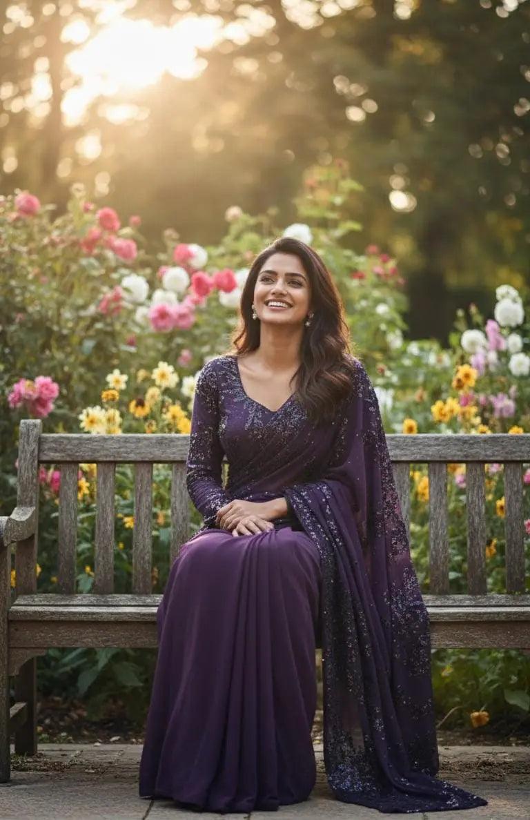 Purple Heavy Sequin Pre-Draped Saree - Custom-Stitched Luxury on Georgette Maha Collection