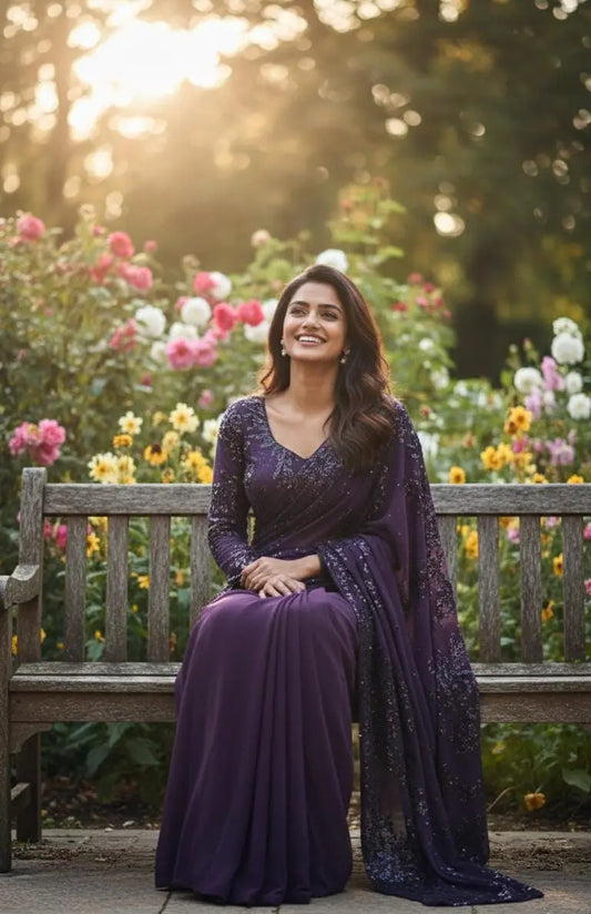 Purple Heavy Sequin Pre-Draped Saree - Custom-Stitched Luxury on Georgette Maha Collection