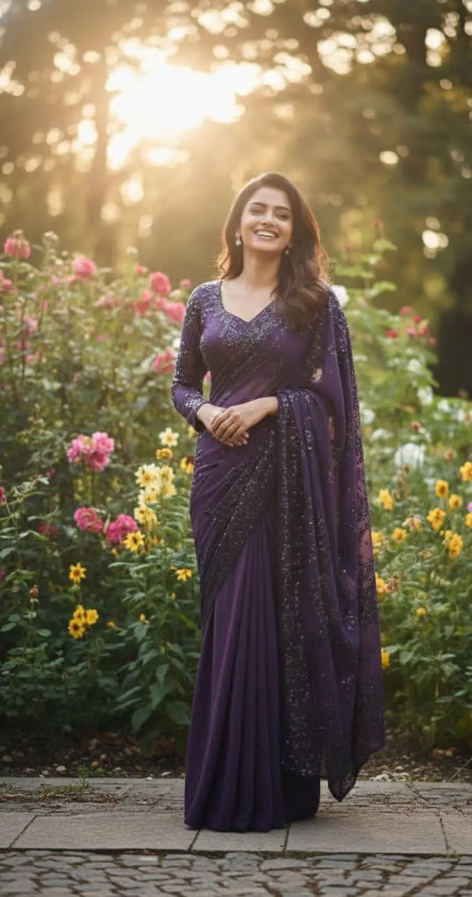 Purple Heavy Sequin Pre-Draped Saree - Custom-Stitched Luxury on Georgette Maha Collection