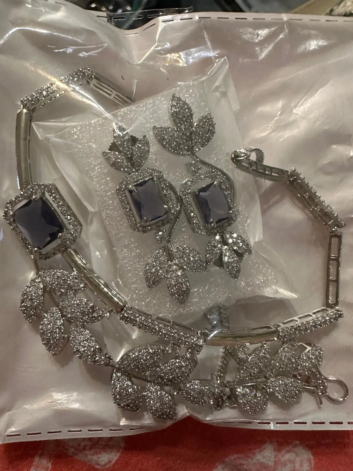 Light Purple Hydrostone & CZ Leaf Design Necklace Set | 24K Rhodium Plated Silver Indian Fashions