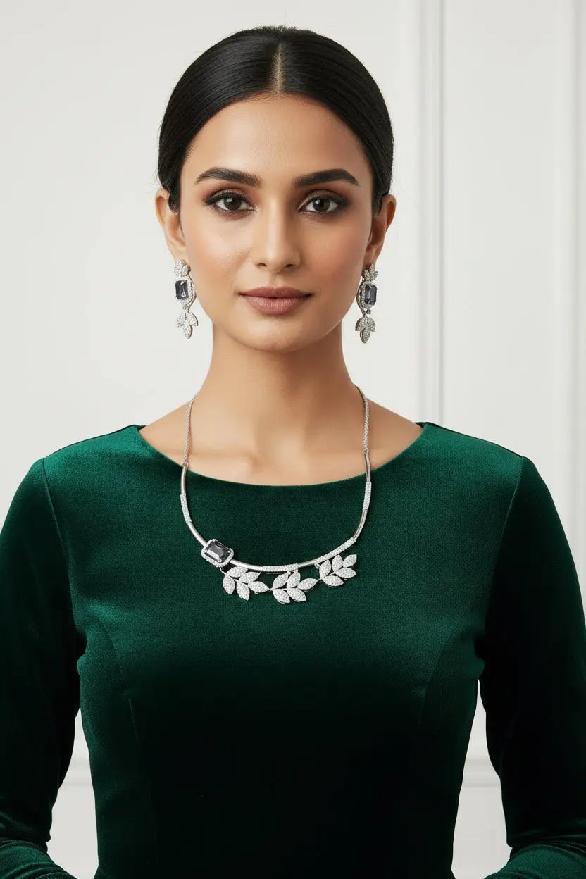 Light Purple Hydrostone & CZ Leaf Design Necklace Set | 24K Rhodium Plated Silver Indian Fashions