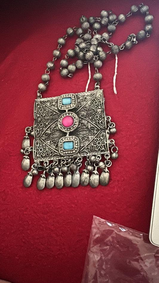 Oxidized Square pendant Only Set Blue and Pink RB INDIA JEWELRY