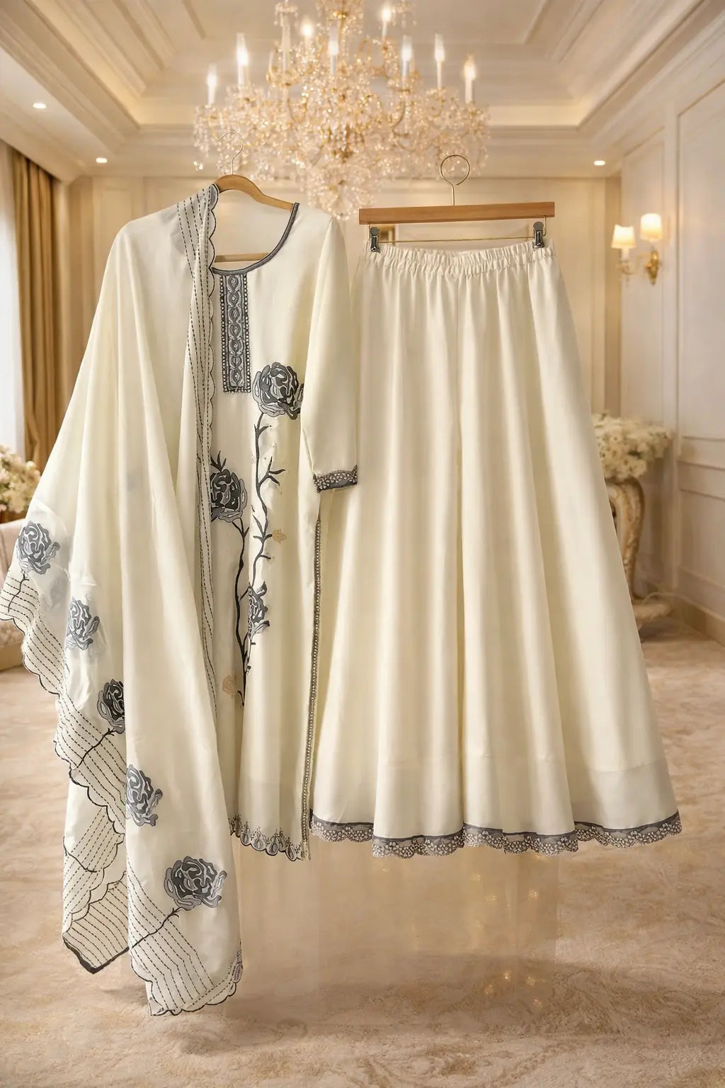 Embroidered Organza Palazzo Set - Wide Leg Pants with Dupatta Rachna Suits