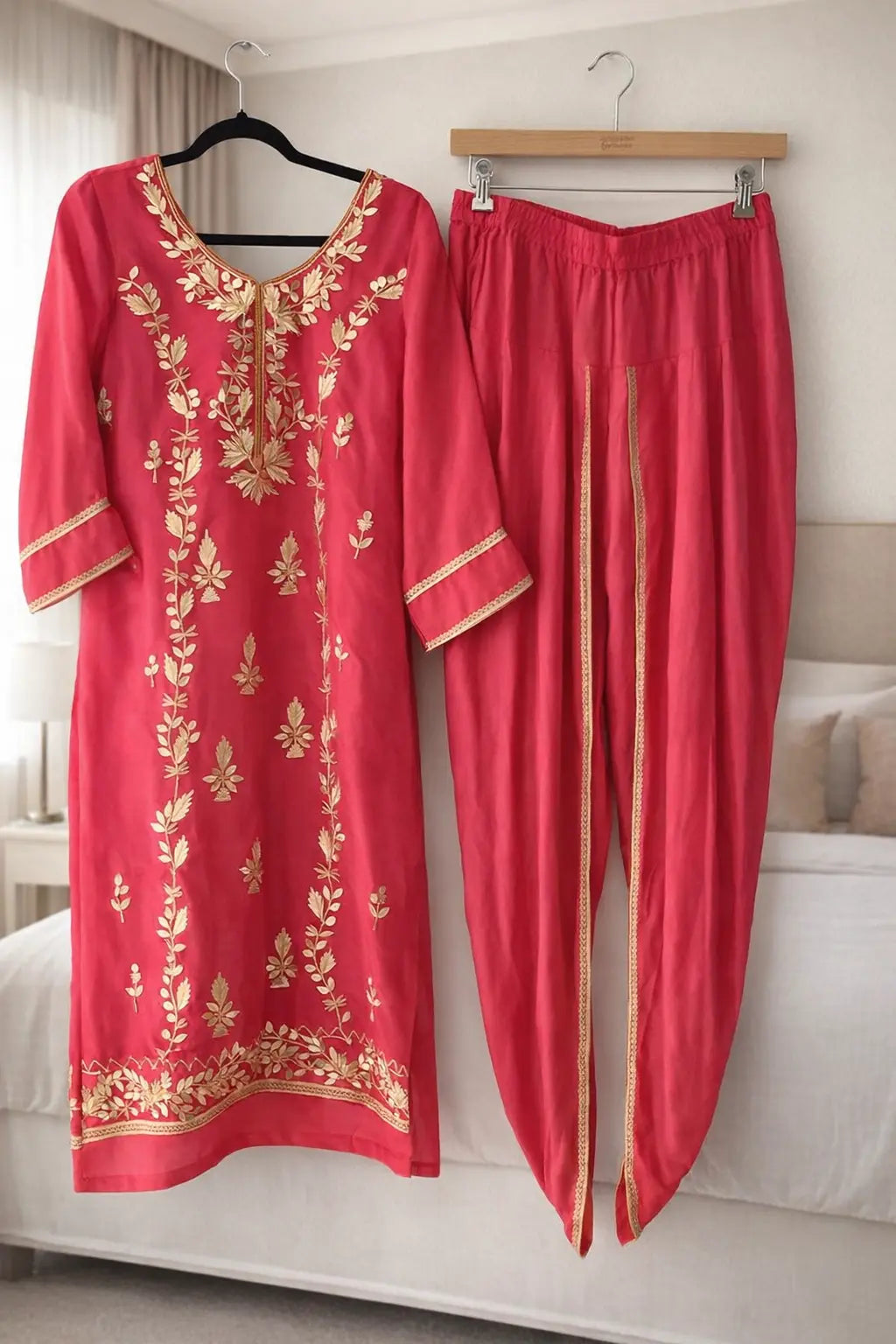 Pink Coral Gota Patti Dhoti Suit - Tulip Pants with Heavy Dupatta Rachna Suits