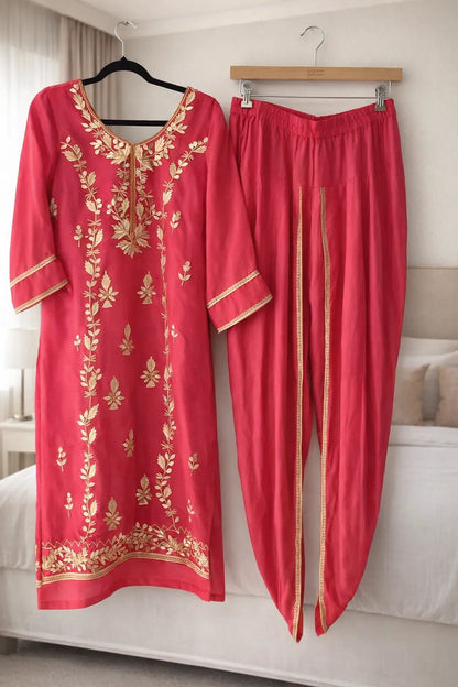 Pink Coral Gota Patti Dhoti Suit - Tulip Pants with Heavy Dupatta Rachna Suits