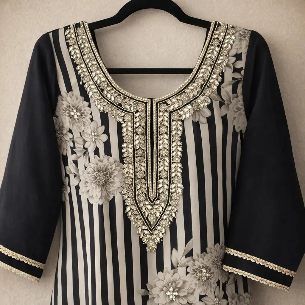 Organza Cream & Rose Gold Salwar Suit with Mirror & Pearl Work Rachna Suits