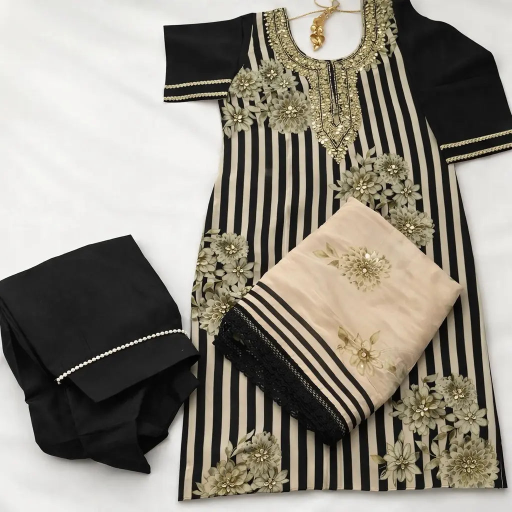 Organza Cream & Rose Gold Salwar Suit with Mirror & Pearl Work Rachna Suits