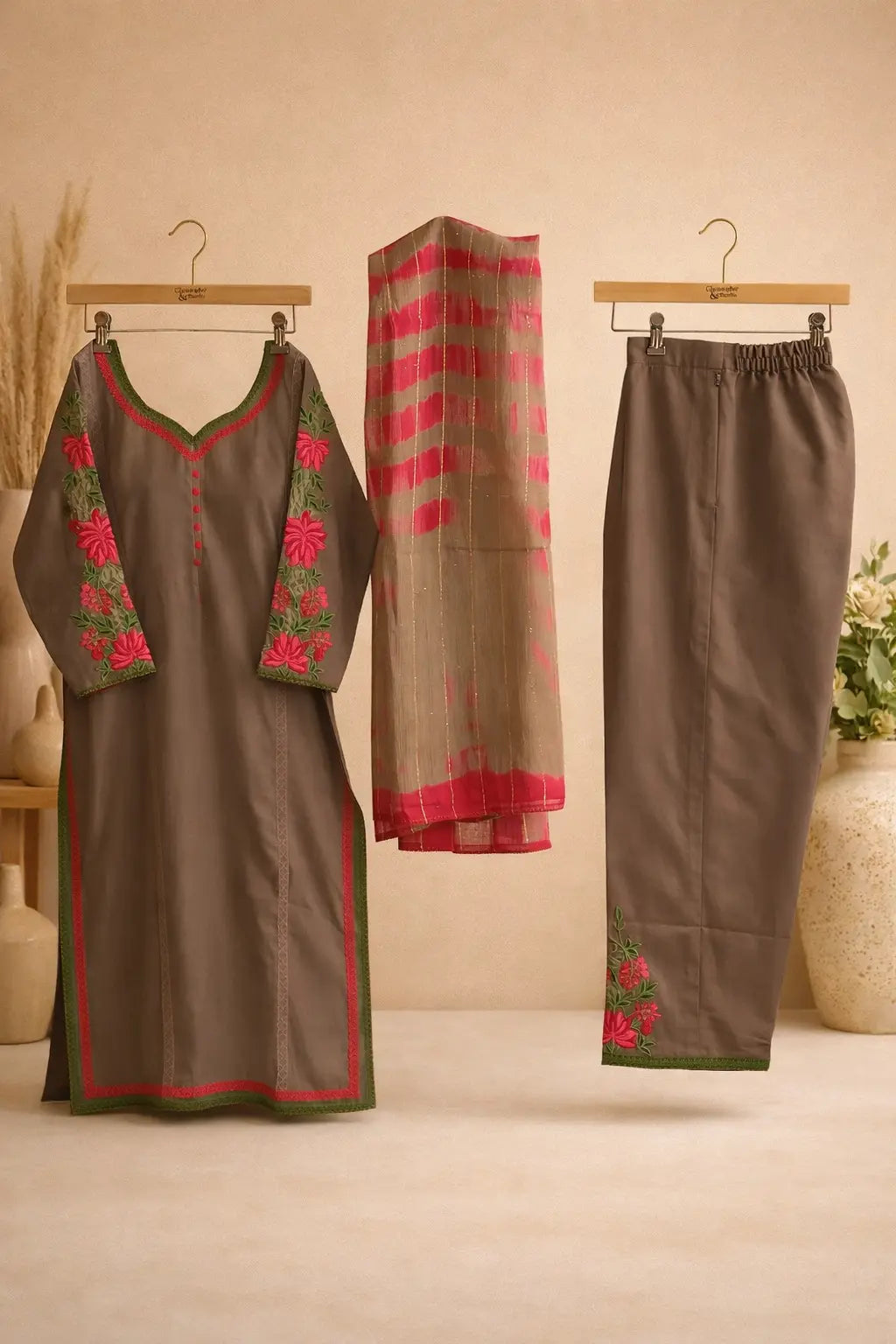 Mocha & Magenta Muslin Kameez with Embroidered Straight Pants Rachna Suits