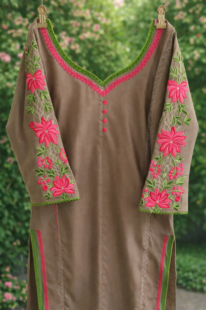 Mocha & Magenta Muslin Kameez with Embroidered Straight Pants Rachna Suits