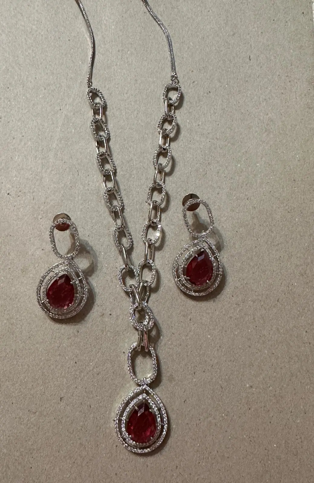 Red Hydrostone & CZ Statement Necklace Set | 24K Rhodium Plated Silver Indian Fashions