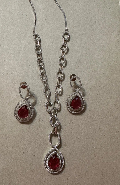 Red Hydrostone & CZ Statement Necklace Set | 24K Rhodium Plated Silver Indian Fashions